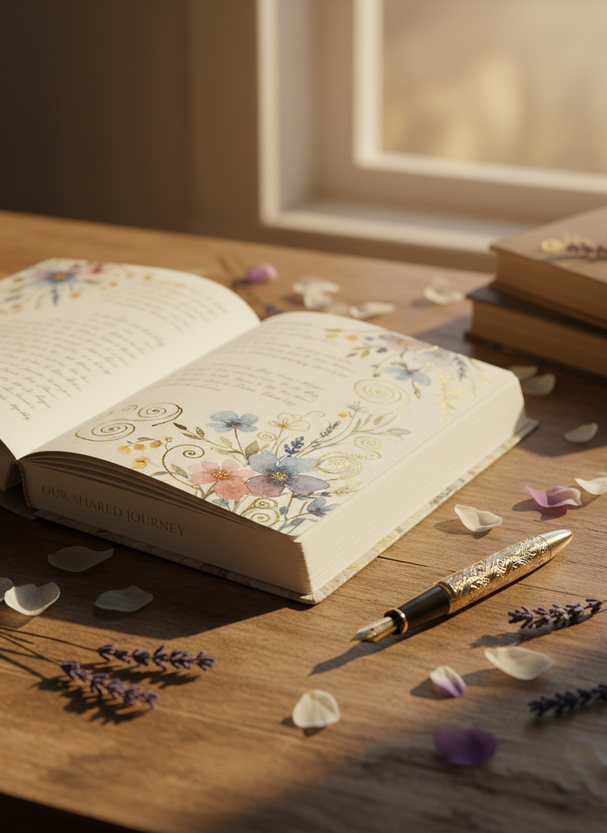 A hand-bound journal with creamy ivory pages, its cover adorned with delicate watercolor wildflowers and gold foil accents, lying open beside a vintage fountain pen. The journal rests on a rustic oak writing desk with a gently faded finish, surrounded by sprigs of lavender and soft, scattered petals. Late afternoon sun pours in from a nearby window, casting long, mellow shadows and illuminating the gilded details. The mood is intimate and contemplative, encouraging visitors to share memories and stories. The composition uses the rule of thirds, with the focus on the journal and pen while the background dissolves gently into a warm, gentle blur. The aesthetic is modern yet poetic, perfect for a memorial tribute.