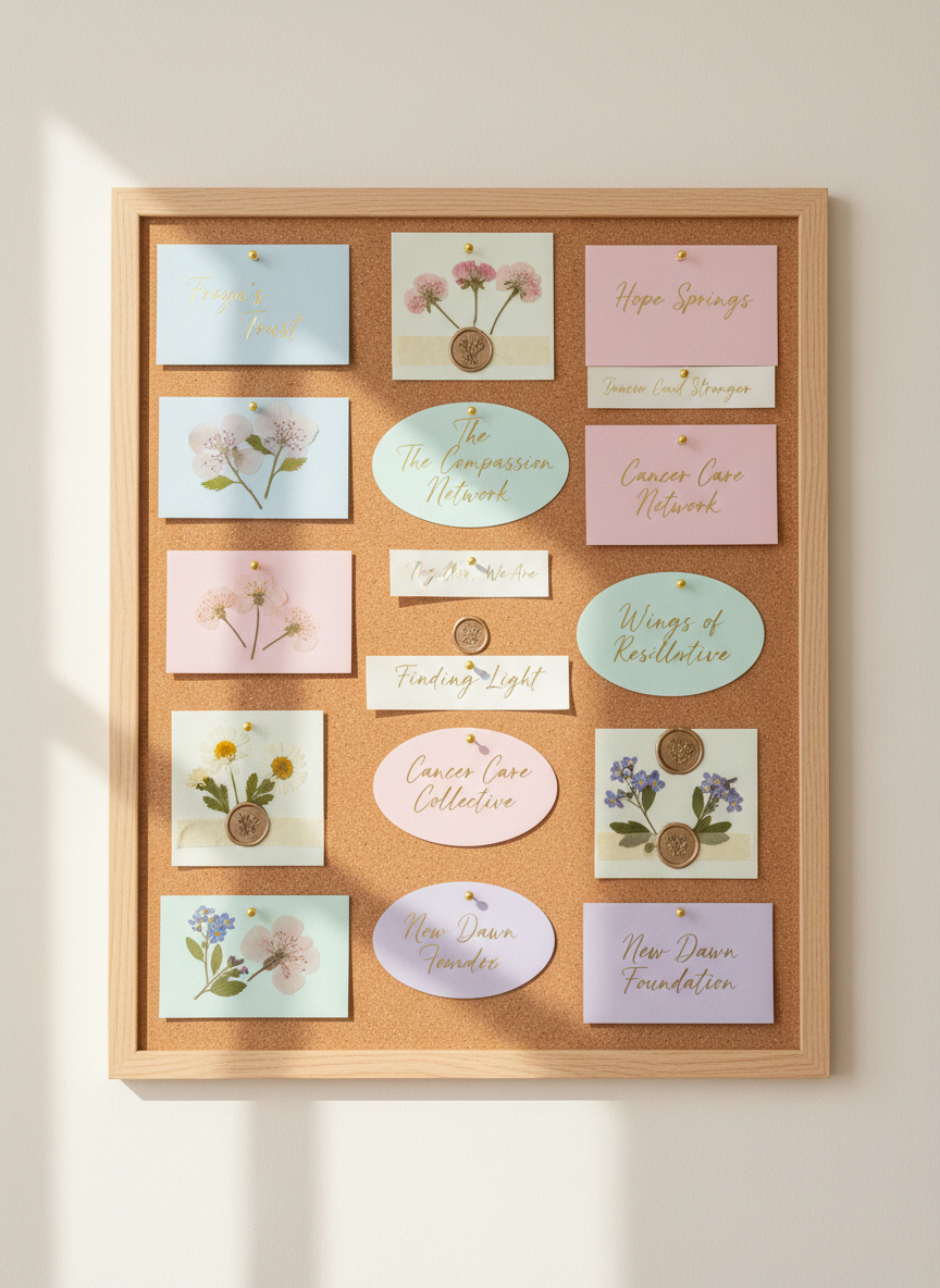 A carefully curated information board made from matte cork with natural wooden borders, adorned with neatly pinned, pastel-colored cards bearing the names of supportive cancer organizations. Tiny pressed flowers and handwritten, gold-calligraphy notes decorate the board, which sits against a soft, neutral wall background. Bright, indirect daylight from a nearby window creates a soft, inviting luminance with minimal shadows. The overall mood is supportive and uplifting, inviting discovery and gratitude. Composed at a straight-on, eye-level perspective, the image uses an organized, clean aesthetic with modern touches, perfectly aligning with Freya Everly's legacy of inspirational support and awareness.