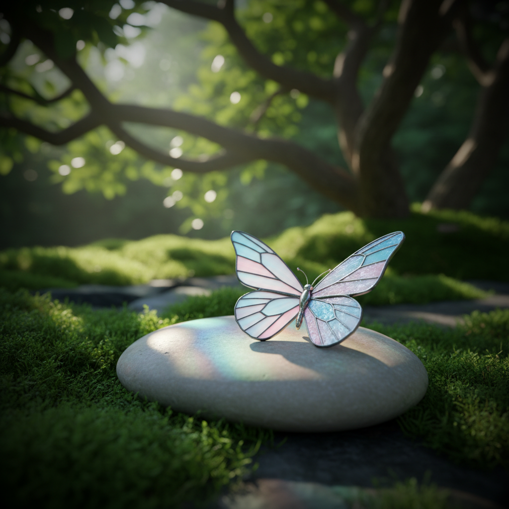 A luminous stained-glass butterfly ornament with translucent pastel blues and gentle pinks, resting atop a smooth, pale river stone surrounded by lush green moss. The setting is a quiet garden corner, with dappled afternoon sunlight streaming through leafy branches overhead, creating colorful reflections and a tranquil pattern of light and shadow on the ground. The atmosphere is serene, offering a gentle sense of hope and renewal. The image is composed from a low-angle, focusing closely on the butterfly with a slight vignette effect, emphasizing its fragile beauty. The visual style is organic, soft, and uplifting, supporting the site’s theme of honoring a cherished memory.